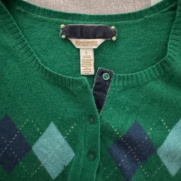 RARE Vintage-Inspired A&F Green Argyle Cropped Cardigan Preppy Y2K Vibes! Size L - Picture 3 of 5